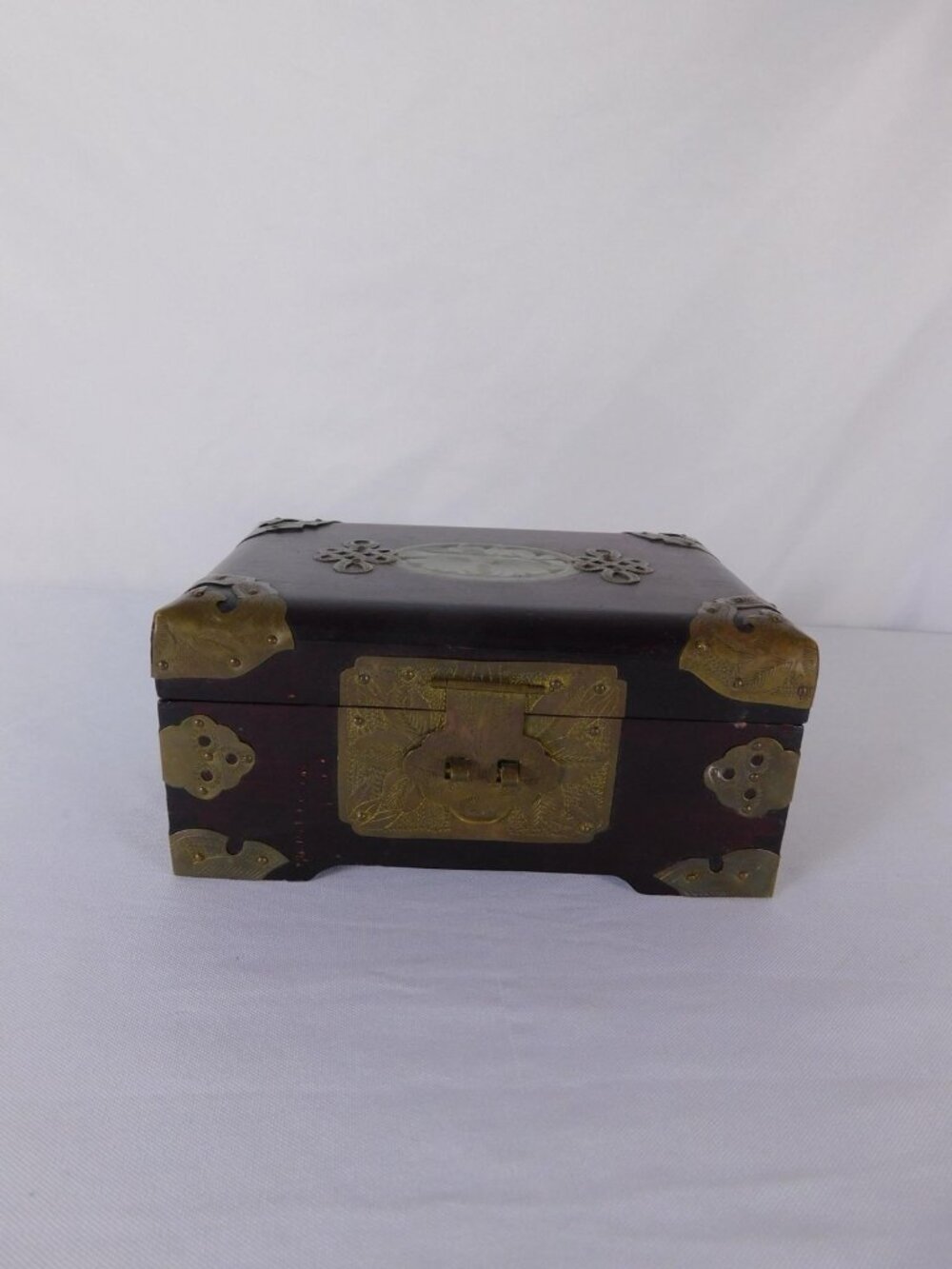 Vintage Chinese Wood Jewelry Box Brass Hardware Jade Inlay Style Lined Trinket
